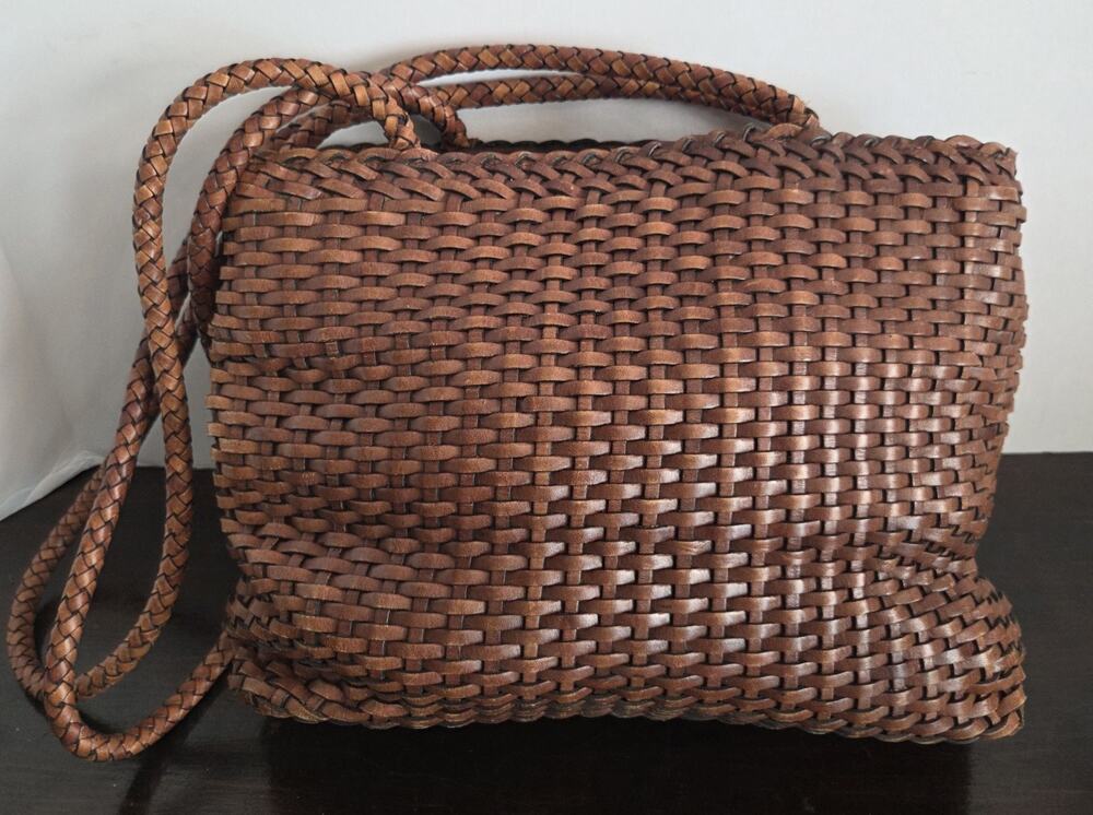 VTG Talbots Braided Leather Handbag Brown Basket Weave Hobo Satchel Purse Retro